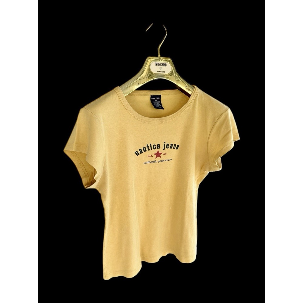 Nautica Jeans Ladies' Logo Short Sleeve Baby Tee Shirt Sz Large Yellow Y2K 90's